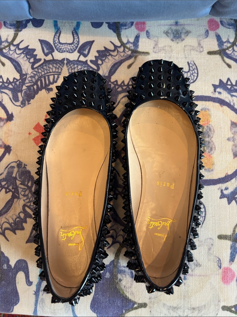 Christian Louboutin Black Patent Spike-Embellished Ballet Flats